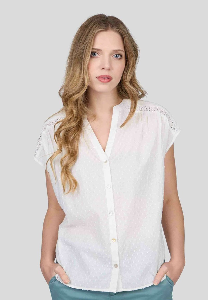 Chemisier blanc à manches courtes, motif à pois texturé et fermeture à boutons sur le devant. Détails en dentelle sur les épaules et coupe décontractée.