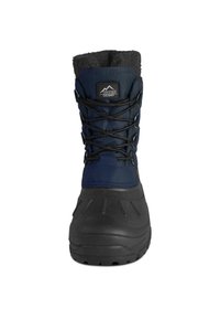 Dunkelblauer Winterstiefel mit einer strukturierten Gummisohle, Schnürverschluss vorne und einer Öffnung mit Kunstfellfutter für zusätzliche Wärme.