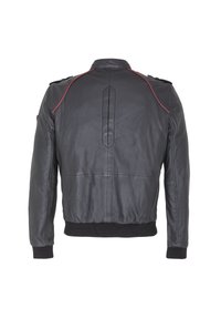 Giacca di pelle nera con un design aderente, presenta cuciture di accento rosse, un cinturino arricciato in vita e spalline, evidenziando una texture liscia.
