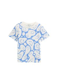 Kurzärmliges T-Shirt aus weißer Baumwolle mit einem blauen abstrakten Design, das lächelnde Gesichter und organische Formen enthält.