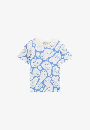 Camiseta de manga corta en algodón blanco con un diseño abstracto azul que presenta caras sonrientes y formas orgánicas en todo el tejido.