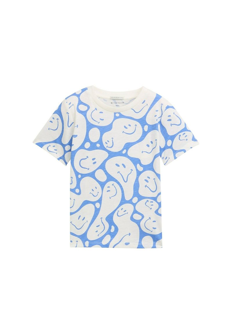 Kurzärmliges T-Shirt aus weißer Baumwolle mit einem blauen abstrakten Design, das lächelnde Gesichter und organische Formen enthält.