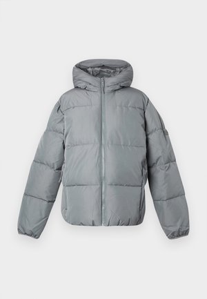 Gray puffer jacket with a hood, featuring a front zipper, quilted design, and elastic cuffs. Smooth, lightweight material.