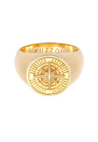 Gold ring featuring a compass design on a round face. Smooth band with engraved details on the compass, polished finish.