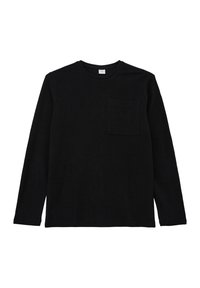 Zwart langemouwen shirt gemaakt van zachte stof, met een ronde halslijn en een borstzak. Eenvoudig, effen ontwerp zonder patronen.