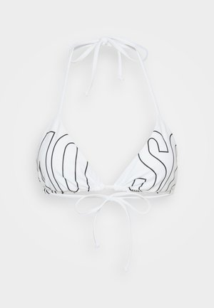 Hvit bikinitopp med trekantkopper, med svart kontur med tekst. Knutes bak i nakken og ryggen, laget av glatt, elastisk materiale.