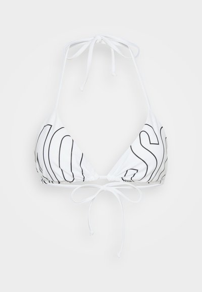 White bikini top with triangular cups, featuring black outline lettering. Ties at the neck and back, made from smooth, stretchy material.