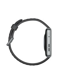 Smartwatch with a rectangular gray case, black silicone strap, side buttons, and speaker openings; smooth finish and minimalist design.