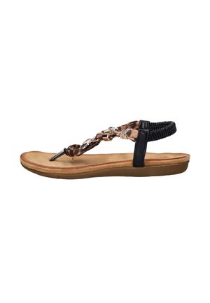 Flat sandal with cushioned brown sole, leopard-print fabric strap adorned with silver charms, and black elastic heel band.