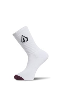 Chaussette blanche à bord-côtes avec un logo géométrique noir sur le poignet et une zone renforcée de l’orteil en violet foncé sur fond blanc uni.