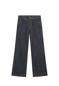 Jeans a gamba larga in denim indigo scuro. Presentano una chiusura con bottone e zip, cinque tasche e orli rifiniti con lievi sfilacciature.