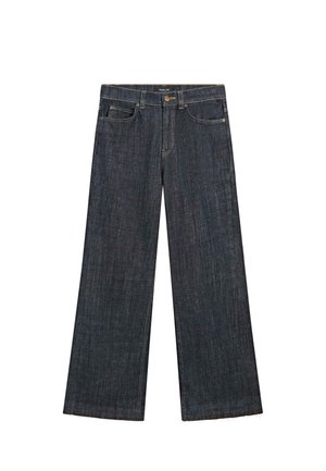 Hochgeschnittene Jeans in dunklem Indigo-Denim. Mit einem Knopf- und Reißverschluss, fünf Taschen und ausgefransten Säumen.