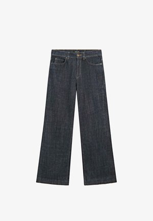 Hochgeschnittene Jeans in dunklem Indigo-Denim. Mit einem Knopf- und Reißverschluss, fünf Taschen und ausgefransten Säumen.