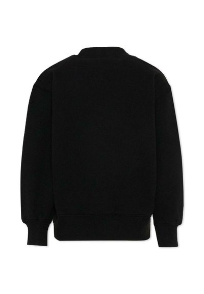 Sweat-shirt noir uni à manches longues vu de dos, avec poignets, ourlet côtelés et col rond, sur fond blanc.