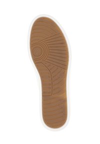 La soletta per scarpe presenta una superficie in gomma marrone testurizzata con un bordo esterno bianco, includendo motivi di battistrada curvi e lineari per una maggiore aderenza.