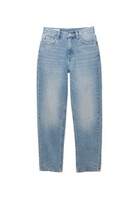 Jean en denim bleu clair à coupe droite, avec poches avant, passants de ceinture et fermeture par bouton à la taille, présenté sur fond blanc.