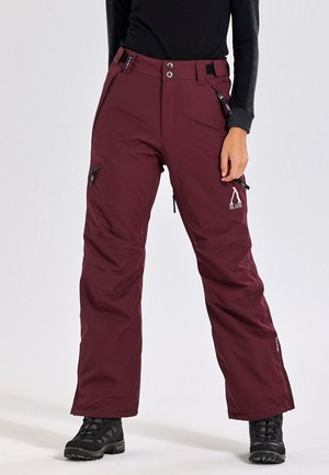 Maroon insulated snow pants with a straight-leg design, zippered pockets, adjustable waist, and reinforced hems. Durable fabric for outdoor use.