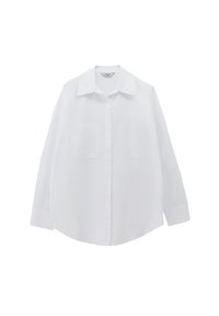 Weißes longsleeve Hemd mit Button-Down-Kragen, zwei aufgesetzten Fronttaschen und lässiger Passform; glattes Material mit einem dezenten Glanz.