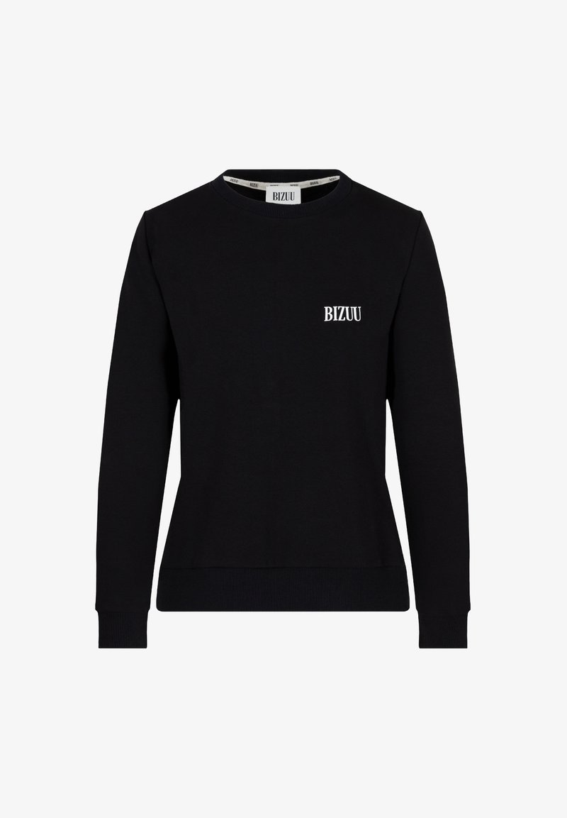 Zwarte sweatshirt met ronde hals, geribbelde manchetten en een aansluitend ontwerp. Bevat een klein wit "BIZUU" logo op de borst. Van katoen.