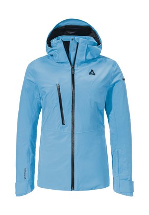 Helleblaue wasserdichte Jacke mit einer anliegenden Kapuze, durchgehendem Reißverschluss, Brusttasche und verstellbaren Manschetten. Mit einem Logo auf der linken Brust.