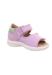 Children’s lavender and mint green open-toe sandal with Velcro strap and white textured sole, suede material.