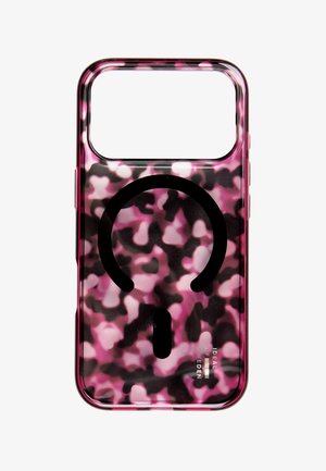 Telefoncover med pink og sort camouflage mønster og cirkulært sort MagSafe lade-symbol på bagsiden, designet til en iPhone.