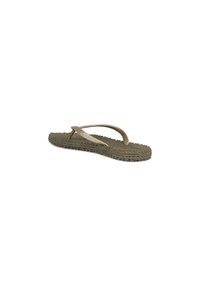 Olive green flip-flop made of textured rubber with a braided sole and a metallic glitter strap, featuring a minimalist design.