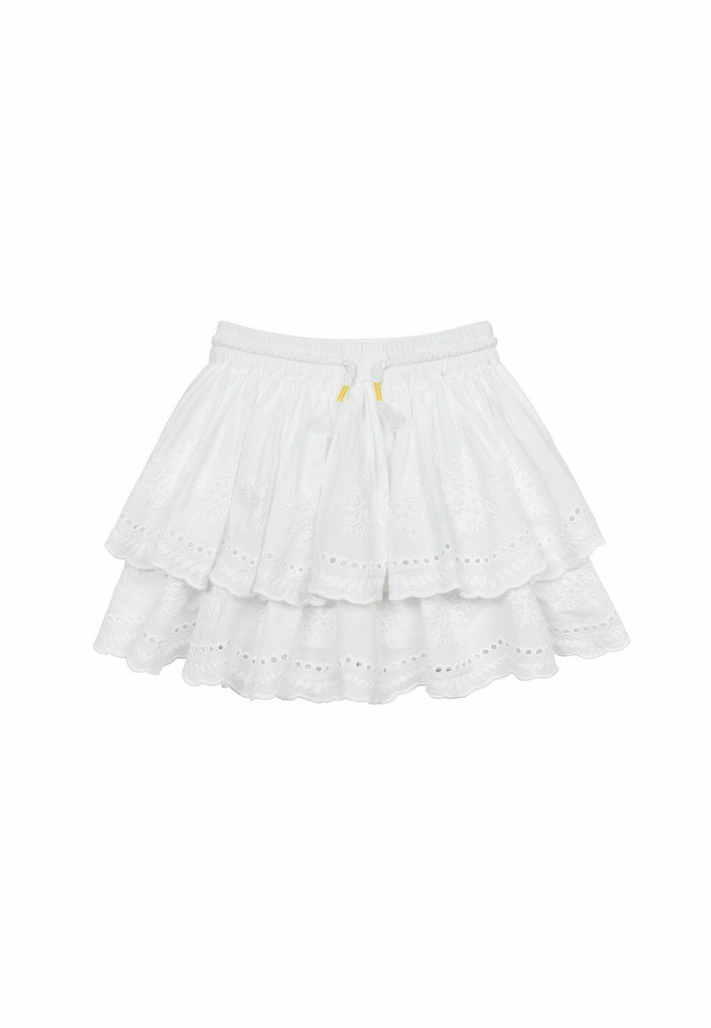 Falda blanca de volantes con detalles bordados, forrada con un borde de ojales. Cintura elástica con acentos de cordón amarillo y borlas.