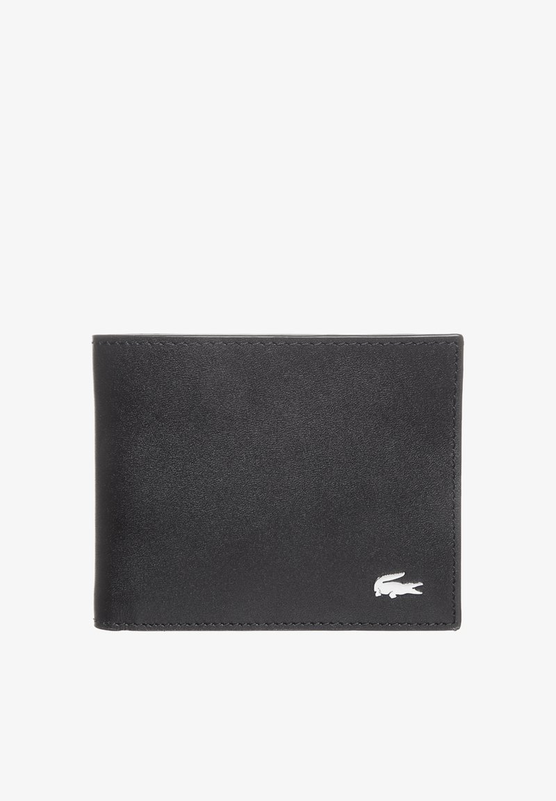 Black leather wallet features a smooth texture, bi-fold design, and white embroidered logo. Stitched edges enhance durability and style.