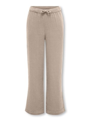 Pantalones de algodón beige para estar en casa con cintura elástica y cordón, piernas anchas y tejido texturizado.