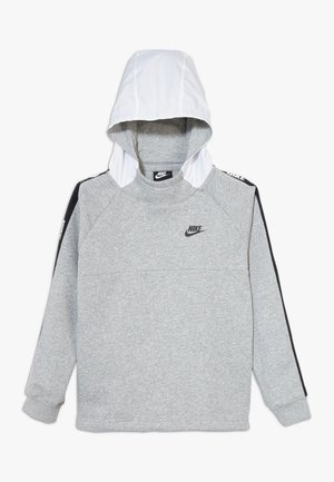Grå Nike hættetrøje med hvid hætte, sorte skulderstriber og Nike-logo på bryst og skuldre.