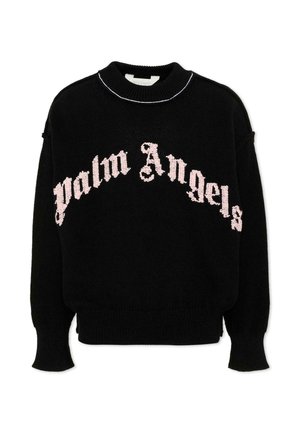 Czarny sweter z długim rękawem, z prążkowanymi mankietami i dekoltem, z różowym tekstem "Palm Angels" w fakturze na klatce piersiowej w gotyckiej czcionce.