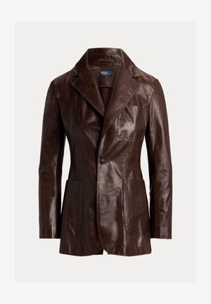 Brown leather blazer with a notched collar, two front pockets, and a single button closure. Smooth texture with a semi-gloss finish.
