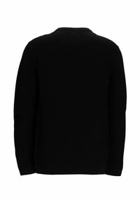 Maglione nero lavorato a maglia con un motivo testurizzato, maniche lunghe e scollo tondo. Vista posteriore senza abbellimenti visibili.