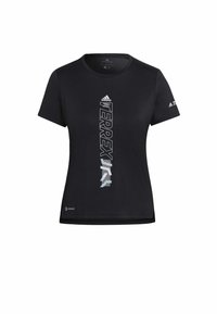 T-shirt noir à manches courtes en tissu léger. Comprend un graphique "TERREX" en bleu clair, un col rond et un logo sur les manches.