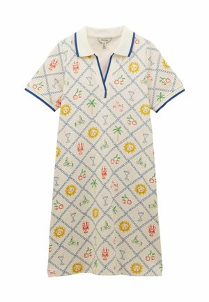 Short-sleeve cream polo dress with blue trim, featuring a colorful pattern of suns, lobsters, palm trees, cherries, cocktails, and frogs.
