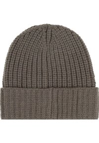 Gray knitted beanie with a ribbed texture, featuring a folded cuff and a simple design. Made from soft yarn for warmth and comfort.