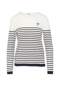 Gestreifter Pullover in Weiß und Marineblau, mit langen Ärmeln, rundem Ausschnitt und einem blauen Herzdetail auf der Brust. Weicher, gestrickter Stoff.