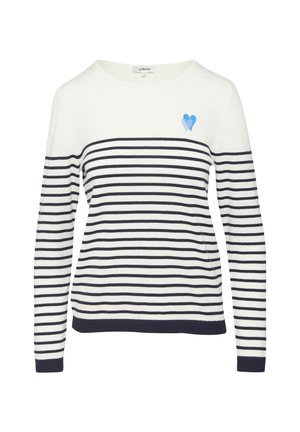 Pasiasty sweter w bieli i granacie, z długimi rękawami, okrągłym dekoltem i niebieskim sercem na piersi. Miękka, dziana tkanina.