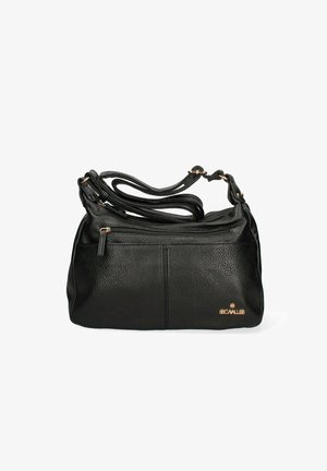 Sac à main en cuir noir avec une finition texturée, doté de plusieurs bandoulières, d'une poche zippée à l'avant et d'un accent logo doré. Design compact.