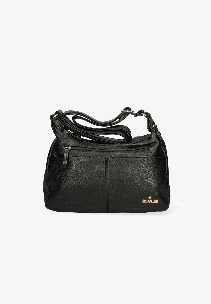 Borsa a tracolla in pelle nera con finitura testurizzata, dotata di più cinghie, tasca con zip frontale e accento in oro. Design compatto.