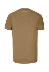 Camiseta corta de manga corta marrón hecha de algodón, con cuello redondo y textura suave. "KARL LAGERFELD" impreso cerca del cuello.