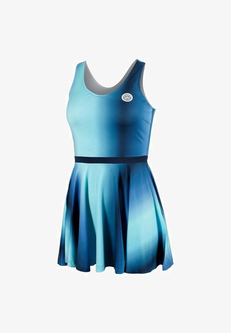 Een mouwloze jurk in geglazuurde tinten blauw, met een aansluitend lijfje en een uitlopende rok, gemaakt van zachte, gladde stof met een logo detail.