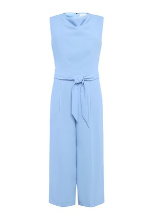 Hellblauer ärmelloser Jumpsuit mit rundem Ausschnitt, tailliert mit Gürtel, weitem Bein und glattem Stoff, mit Knoten-Detail vorne.