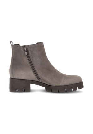 Gray suede ankle boot with side zipper, chunky treaded sole, low heel, and pull tab at the back, viewed from the side.