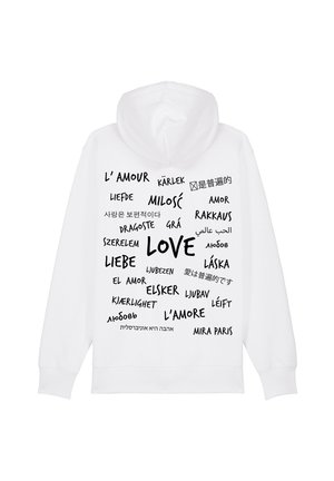 Sweat à capuche blanc avec cordon de serrage affichant diverses traductions du mot "amour" en texte noir, avec différentes polices et mises en page.