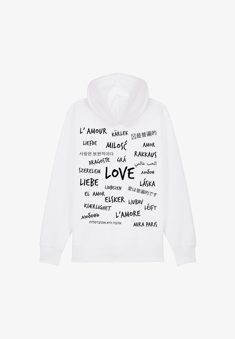 Felpa bianca con cappuccio regolabile che mostra varie traduzioni della parola "amore" in testo nero, con diversi caratteri e layout.