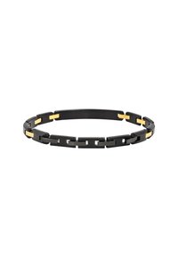 Schwarzes Metallarmband mit verlinkten Segmenten, das goldene Akzente aufweist; schlankes, modernes Design mit rechteckigen Formen und einer glatten Textur.