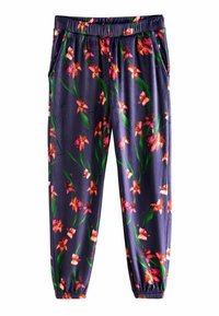 Lilledega vabaajajalanõud tumeda mereväe taustaga, millel on erksad oranžid ja roosad lilled, elastse vöökohaga ja küljetaskutega.