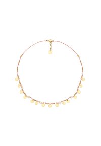 Guldtonad halsband med rosa tråd, med små hjärtcharmar och pärlor. Justerbar längd med lås och förlängningar för storleksanpassning.